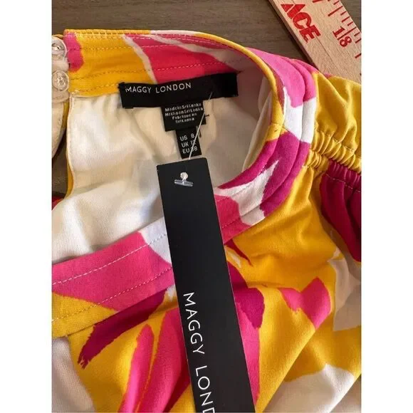 ✨ Maggy London Floral Matte Jersey Mini Dress 8 NWT Yellow Pink Short Sleeve - Picture 6 of 6